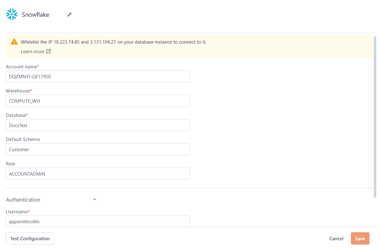 Configuring a Snowflake datasource.